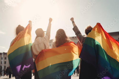 college students with lgbt flag at graduation. generative AI	
