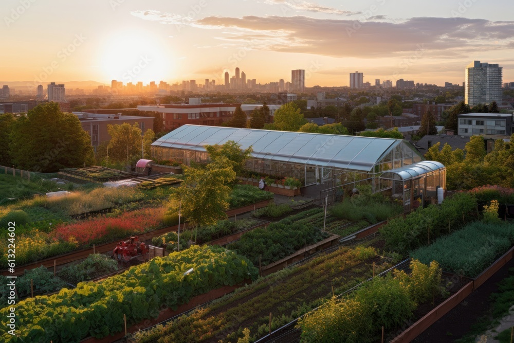 Urban vegetable garden with a stunning cityscape in the background. Urban agricultural concept. Generative AI