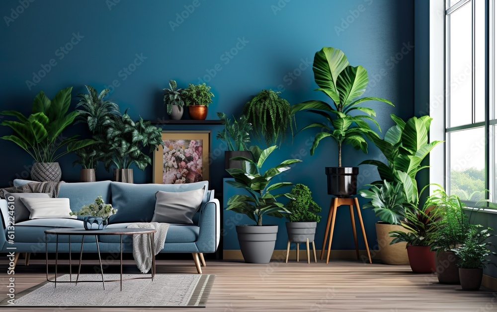 Living room interior with potted plants, blue wall and blue couch. Indoor potted plants decoration. Generative AI.
