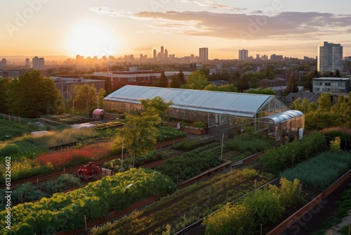 Urban vegetable garden with a stunning cityscape in the background. Urban agricultural concept. Generative AI