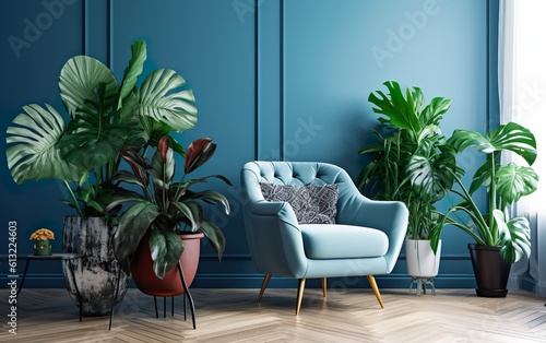 Living room interior with potted plants, blue wall and blue armchair. Indoor potted plants decoration. Generative AI.