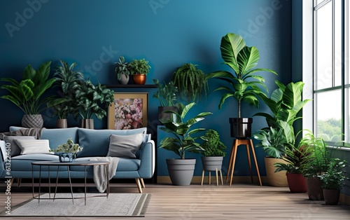 Living room interior with potted plants  blue wall and blue couch. Indoor potted plants decoration. Generative AI.