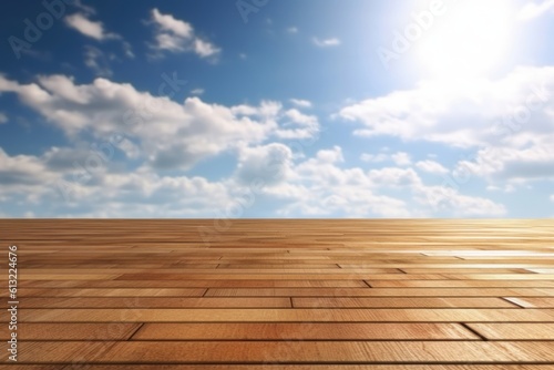 Wooden floor under a bright blue sky. Generative AI