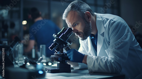 Middle aged male researcher carrying out scientific research in a lab using a microscope.Сreated with Generative AI technology.