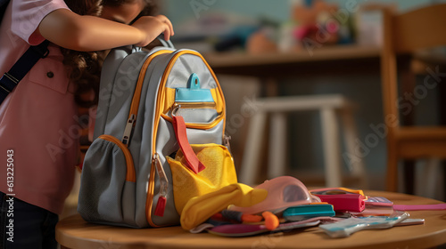 Little schoolgirl is packing her backpack for school.Created with Generative AI technology.