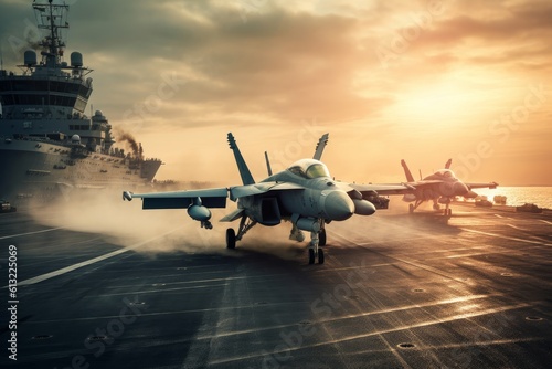Fighter jet parked on the deck of an aircraft carrier. Generative AI