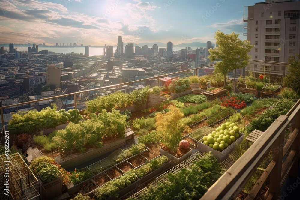 Stunning rooftop garden with a breathtaking view of the city skyline. Urban agricultural concept. Generative AI