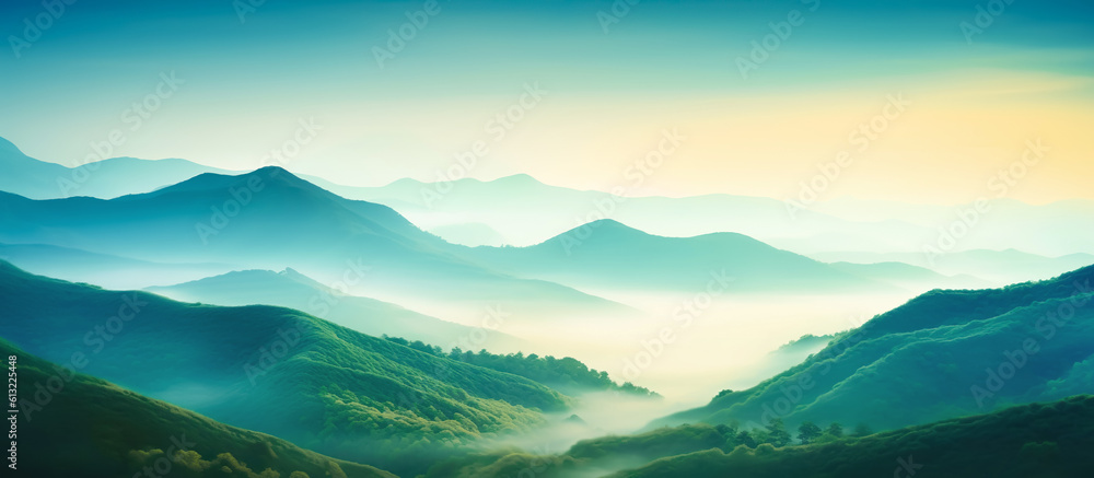 Abstract landscape of rain forest or evergreen forest with mountain layer in mist.beautiful nature background. ecology and environment.generative ai art