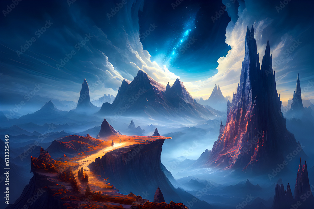 Fantasy landscape illustration with valley and mountains. Concept art, reference. Generative AI