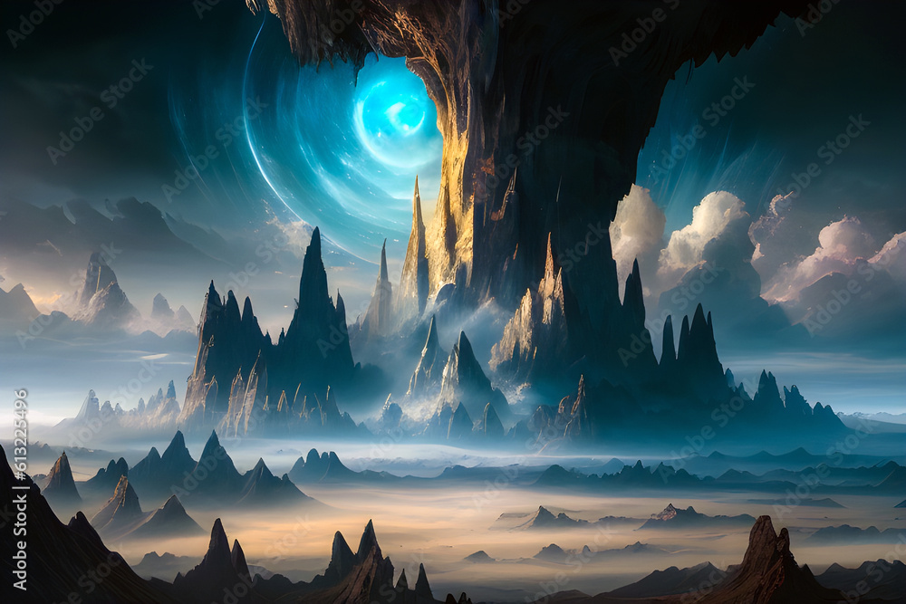 Fantasy landscape illustration with a huge mountain and a magic portal in the sky. Concept art, reference. Generative AI
