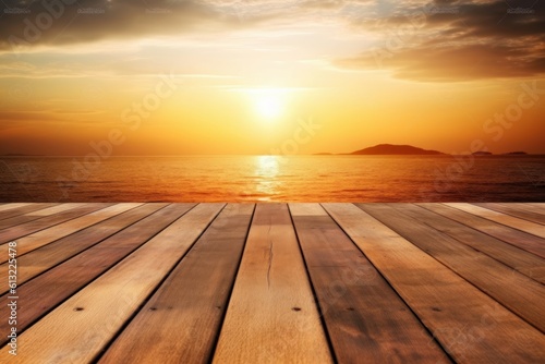Serene sunset over the water from a wooden deck. Generative AI
