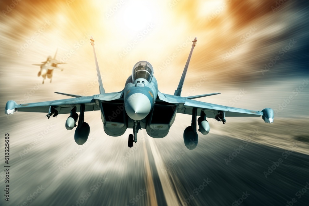 Fototapeta premium Military fighter jet soaring through a cloudy sky. Generative AI
