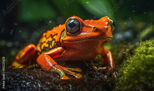 Generative AI illustration of closeup of bright orange poison dart frog sitting on stone and looking away in green rainforest photo