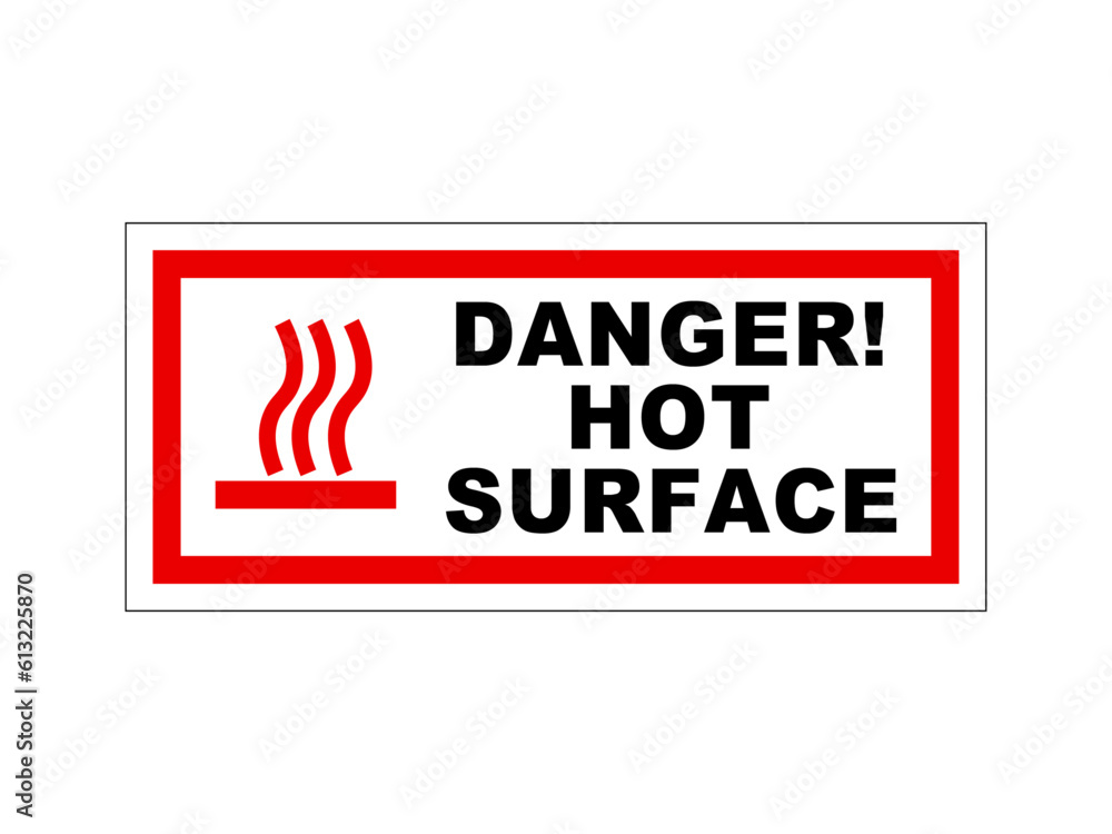 Danger, hot surface. Warning label sign with symbol and text