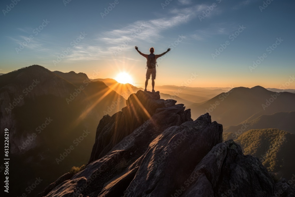 Person standing on top of a mountain during a beautiful sunset. Generative AI