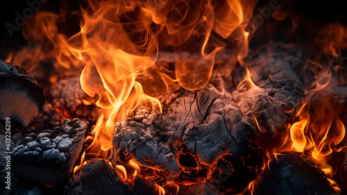 Burning coals from a fire, abstract background.