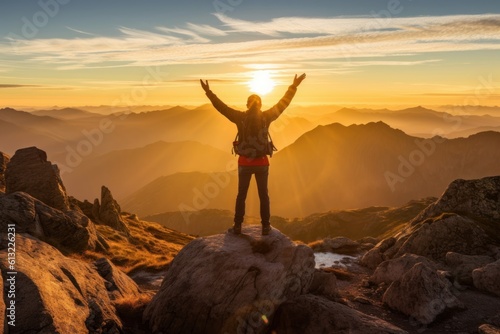 Person celebrating on the summit of a mountain with arms raised. Generative AI