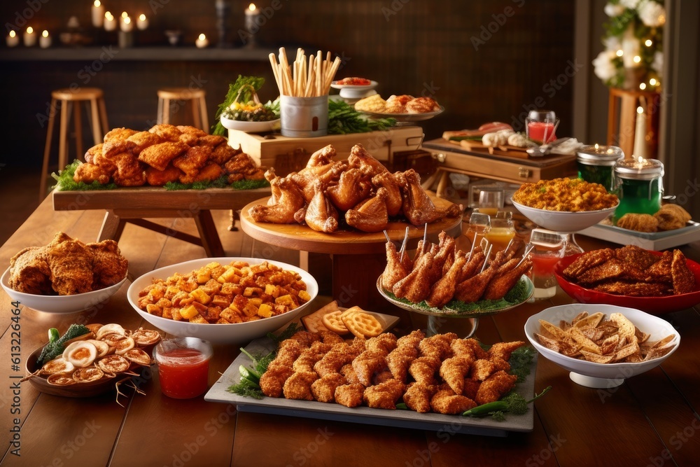 Obraz premium A wooden table topped with lots of fried chicken