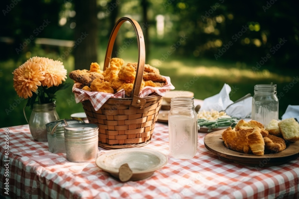 A picnic table with a basket of fried chicken on it A picnic table with a basket of fried chicken on it