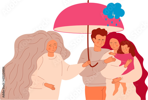 Online psychology help for family. Family doctor of psychiatry taking umbrella and protect from rain.