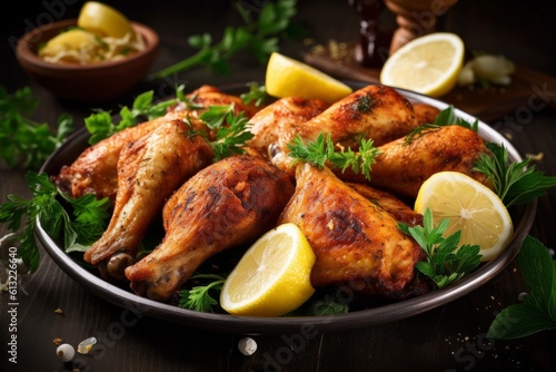 A plate of chicken with lemons and parsley