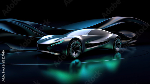 Artificial intelligence generated futuristic streamlined car prototype design on abstract background. Generative AI © Denniro