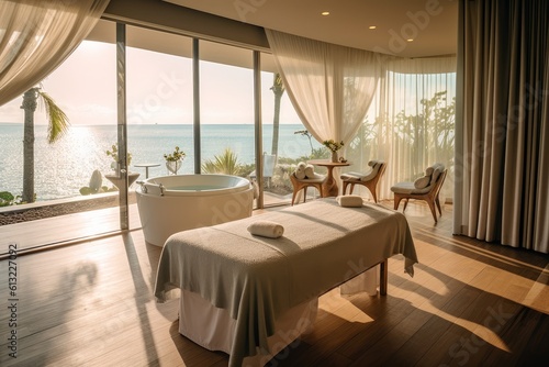 Luxurious spa room with a breathtaking ocean view and a relaxing jacuzzi tub. Generative AI