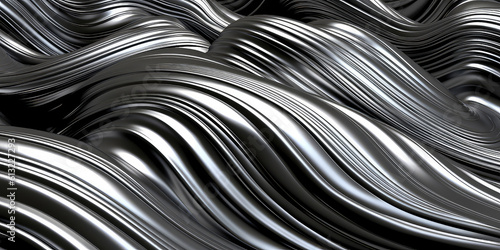 Close-up texture of liquid shiny metal in silver gray color with big waves. Liquid metallic texture  wallpaper for web promotion. Generative AI 3d render illustration imitation.