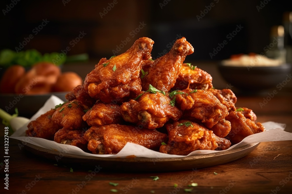 A pile of fried chicken sitting on top of a wooden table