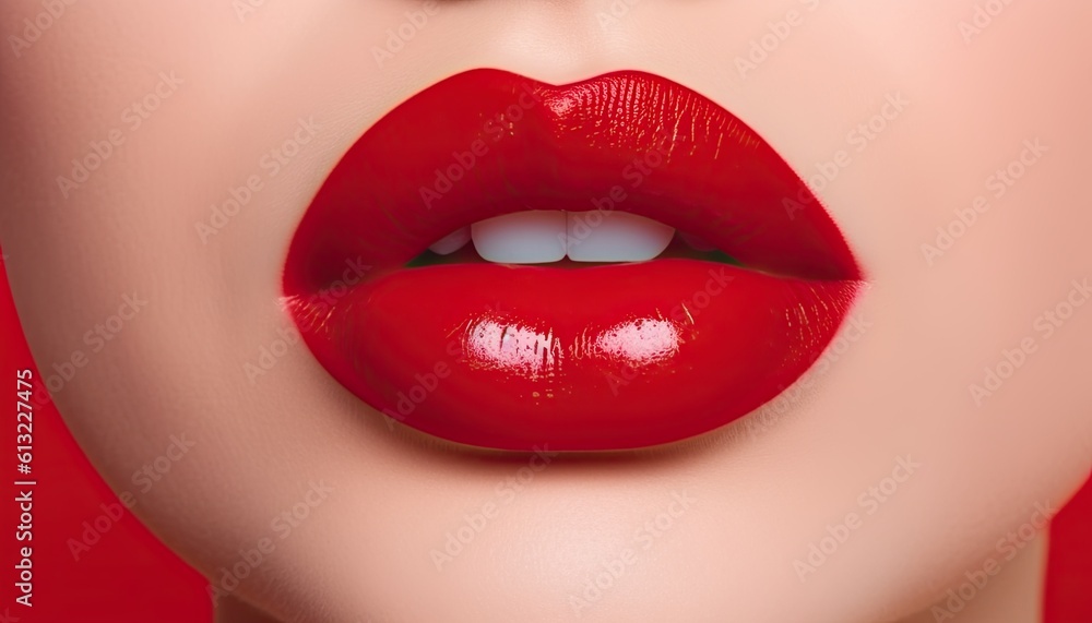 Eighties style close-up of a female mouth with red lipstick. Cherry red lips. Lips like Cherry. Eighties style close-up of a female mouth with red lipstick. Cherry red lips. Lips like Cherry.