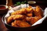 A bowl filled with fried chicken next to dipping sauce