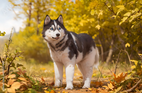 Blue-eyed Siberian Husky puppy stands in yellow leaves