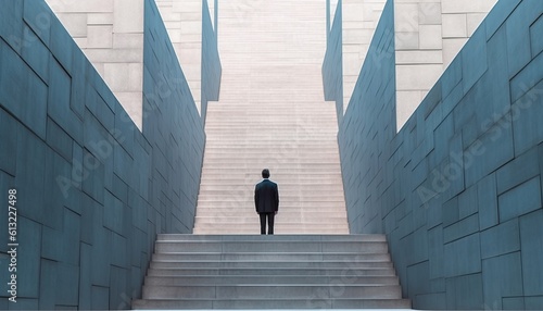 Businessman on a staircase looking up. Futuristic setting.