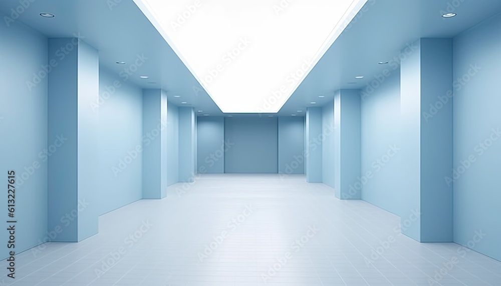 A blue liminal space. minimal architecture. Blue museum interior. Generative AI