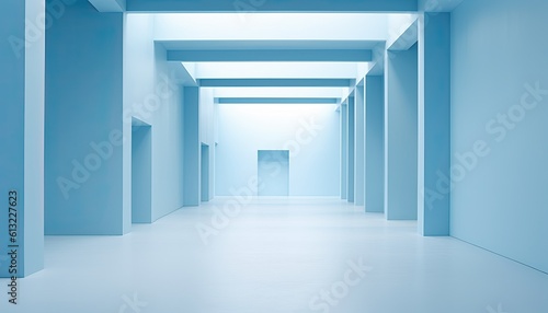 Fototapeta Naklejka Na Ścianę i Meble -  A blue liminal space. minimal architecture. Blue museum interior. Generative AI