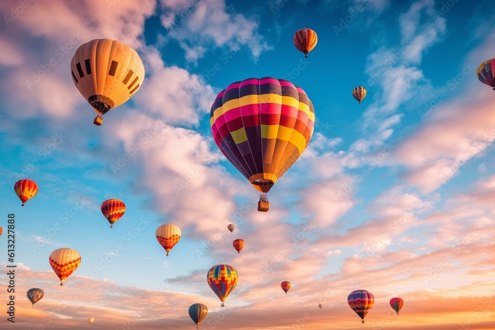 Obraz premium Hot air balloons floating in the sky with a colorful view of the landscape. Generative AI