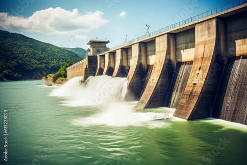 Massive dam releasing a powerful rush of water. Generative AI photo