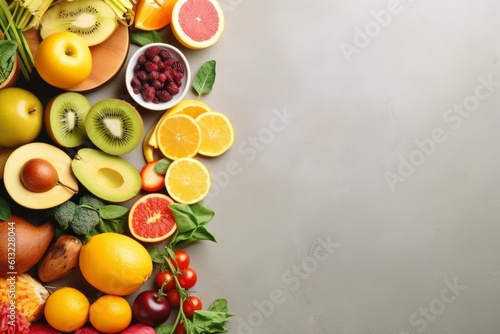 Colorful assortment of ripe fruits and vegetables arranged on a table. Generative AI