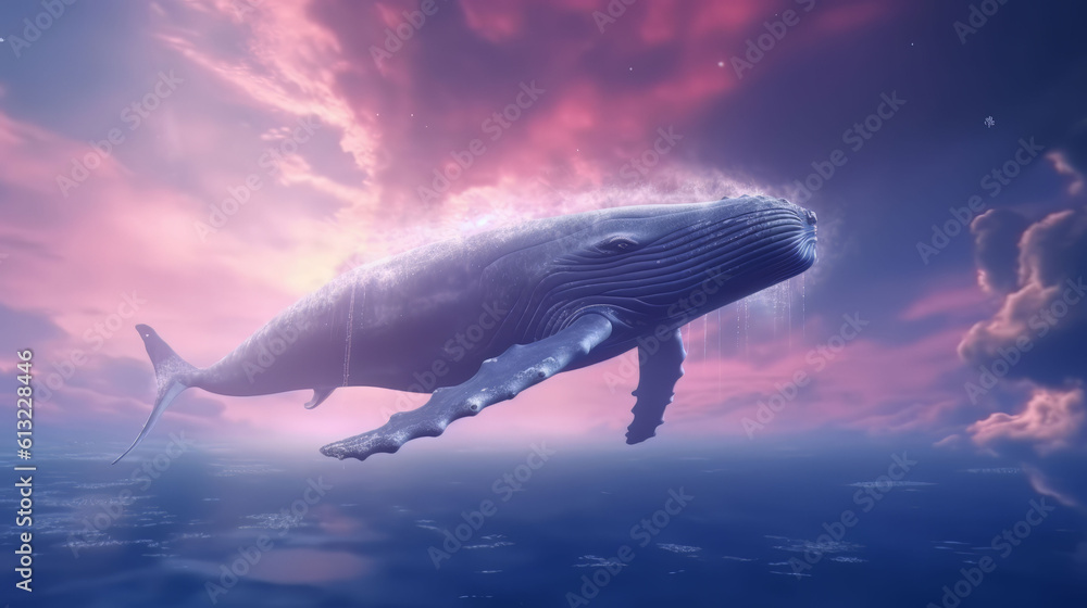 Fototapeta premium Blue whale swimming or flying in mystic sky ocean. Generative ai