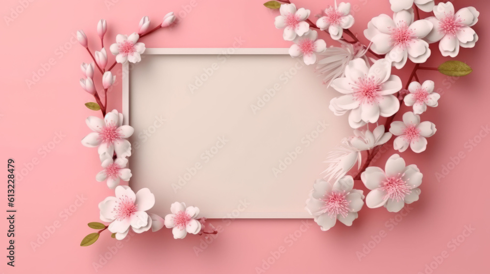 Close up blank photo frame with springs flowers season. Generative ai Close up blank photo frame with springs flowers season. Generative ai
