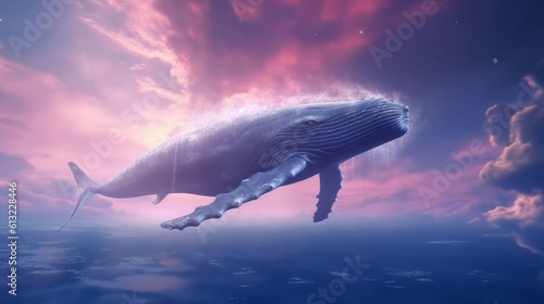 Blue whale swimming or flying in mystic sky ocean. Generative ai