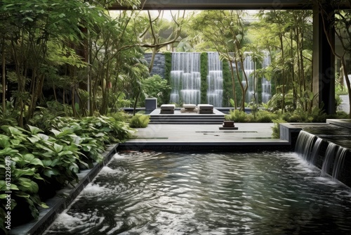 Serene garden with a stunning waterfall centerpiece. Generative AI © Cloudyew