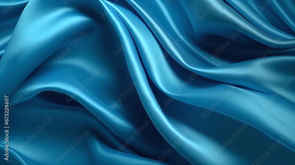 Flying blue silk textile fabric flag background. Generative ai