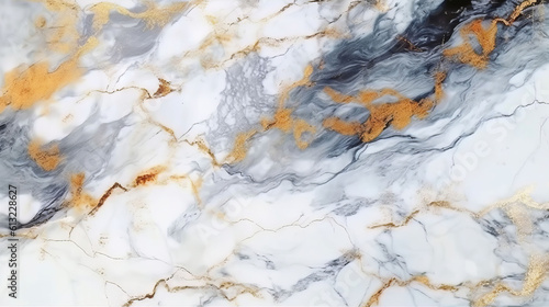 A detailed close up of a marble surface with striking gold and red veins. Generative ai