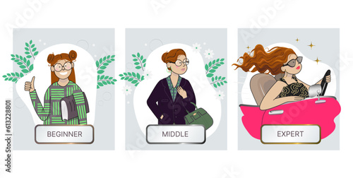 Set of female characters, which represent three stages of professional grow from junior to expert. 