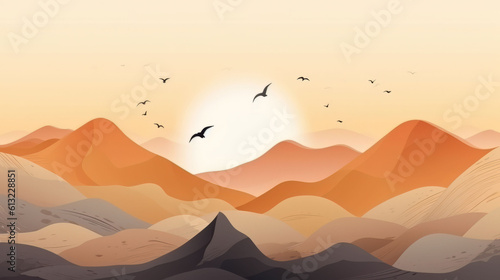 Birds flying over a majestic mountain range in a desert landscape. Generative ai