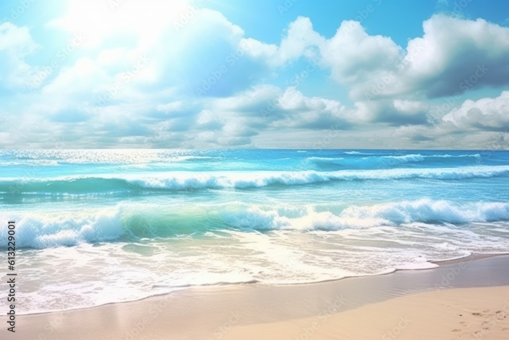 Serene beach scene with waves gently rolling onto the shore. Generative AI