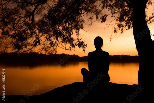 Person enjoying the peaceful view of a serene body of water while sitting on a rock. Generative AI