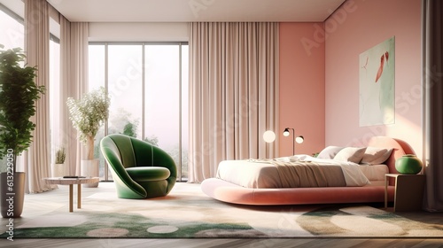 Minimalist Pink Bedroom with a Green Armchair