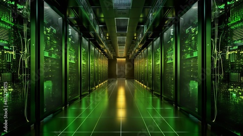 Server room with a futuristic hallway illuminated by green lights. Generative AI